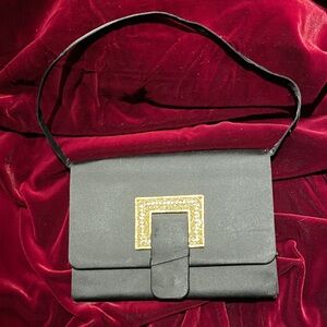 Black Satin Shoulder Bag with Gold Accent